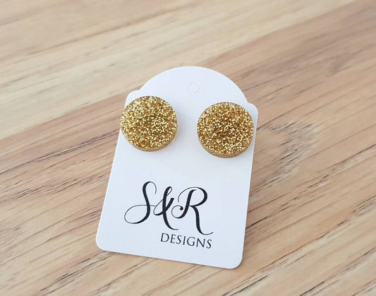 Gold Fine Glitter Circle Stud Earrings, Acrylic Earrings, Stainless Steel Earrings.
