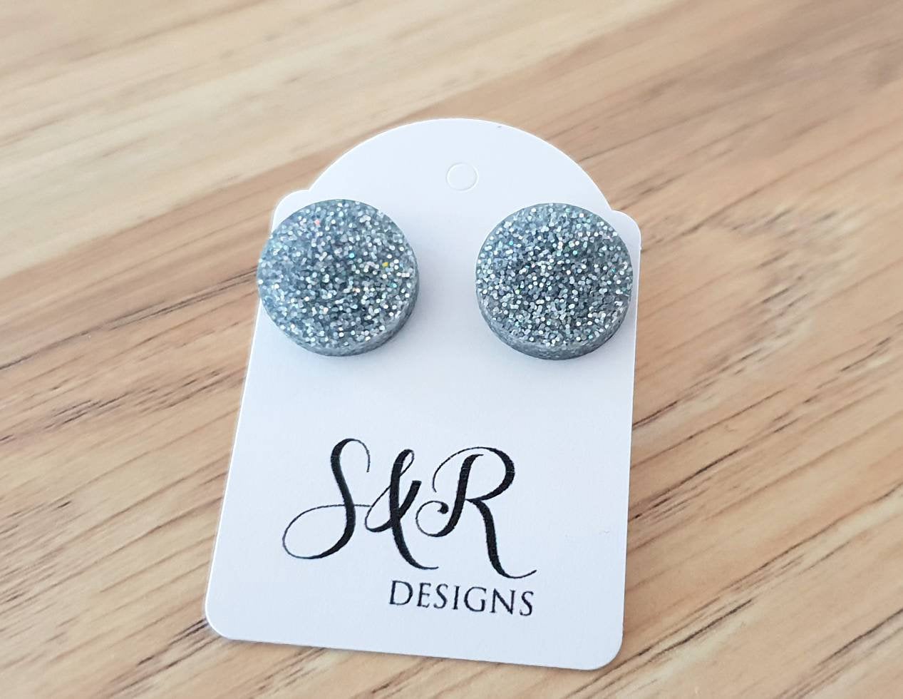 Silver Holographic Glitter Circle Stud Earrings, Acrylic Earrings, Stainless Steel Earrings.