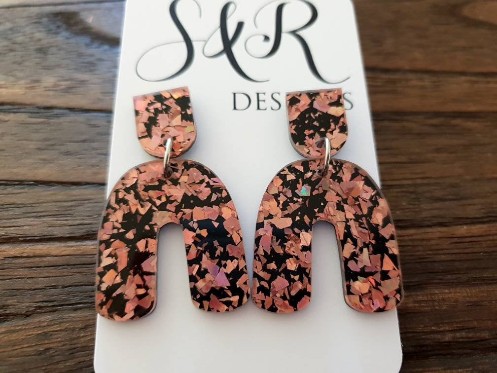 Rose Gold Black Acrylic U Dangle Statement Earrings