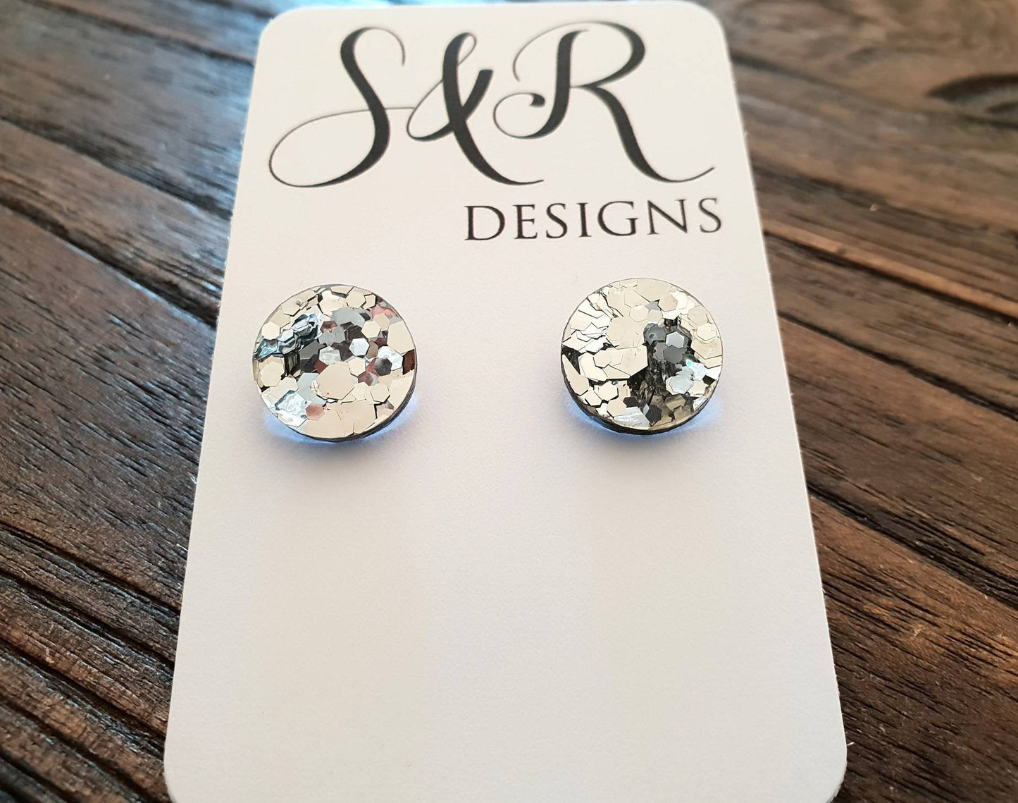 Silver Chunky Glitter Circle Stud Earrings, Acrylic Earrings, Stainless Steel Earrings.