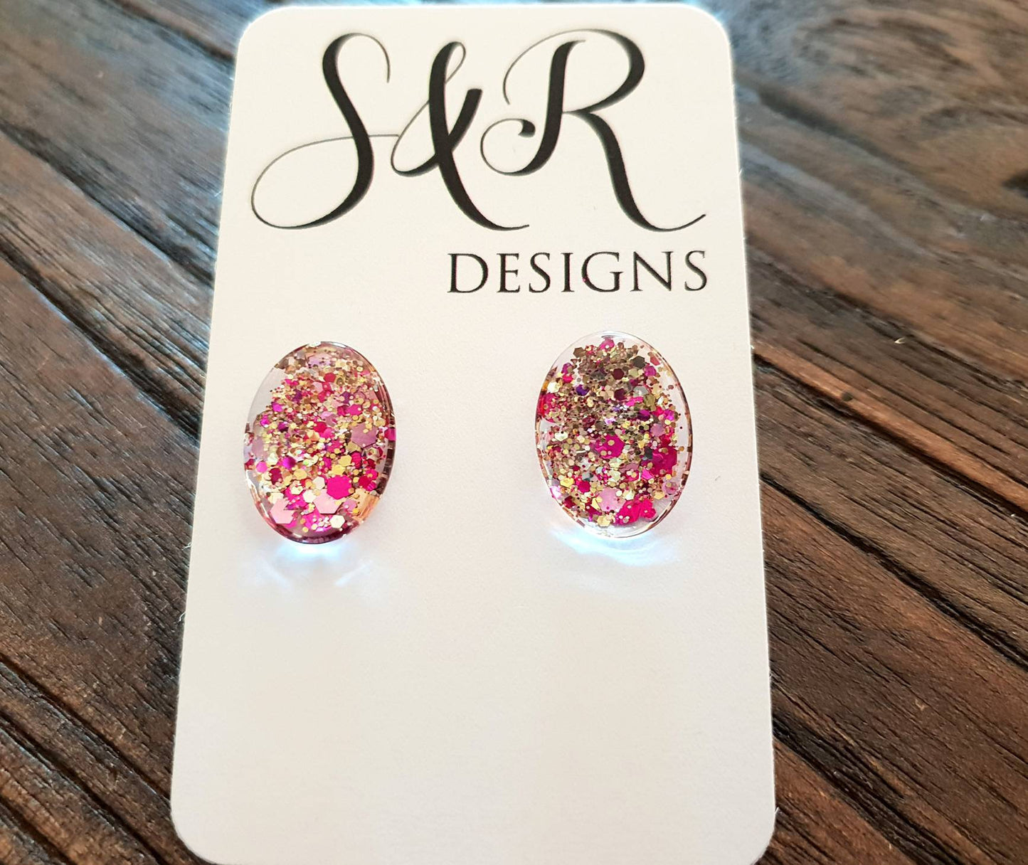Oval Glass Glitter Resin Stud Earrings made of Stainless Steel, Gold Pink Glitter Earrings