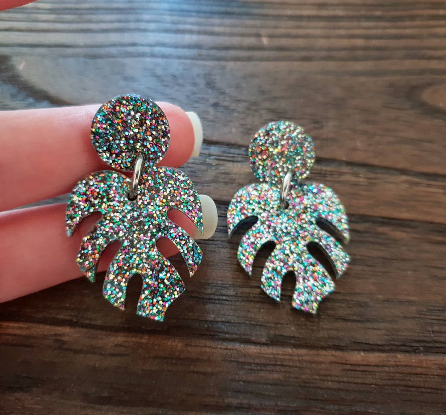 Large Monstera Leaf Earrings,  Rainbow Glitter Acrylic Dangle Statement Earrings