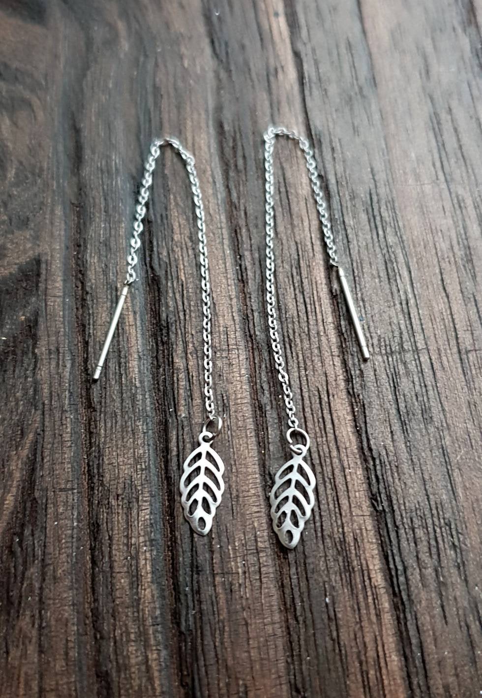 Tiny Leaf Stainless Steel Dangle Thread Earrings, Threader, Hook, Leverback Earrings.