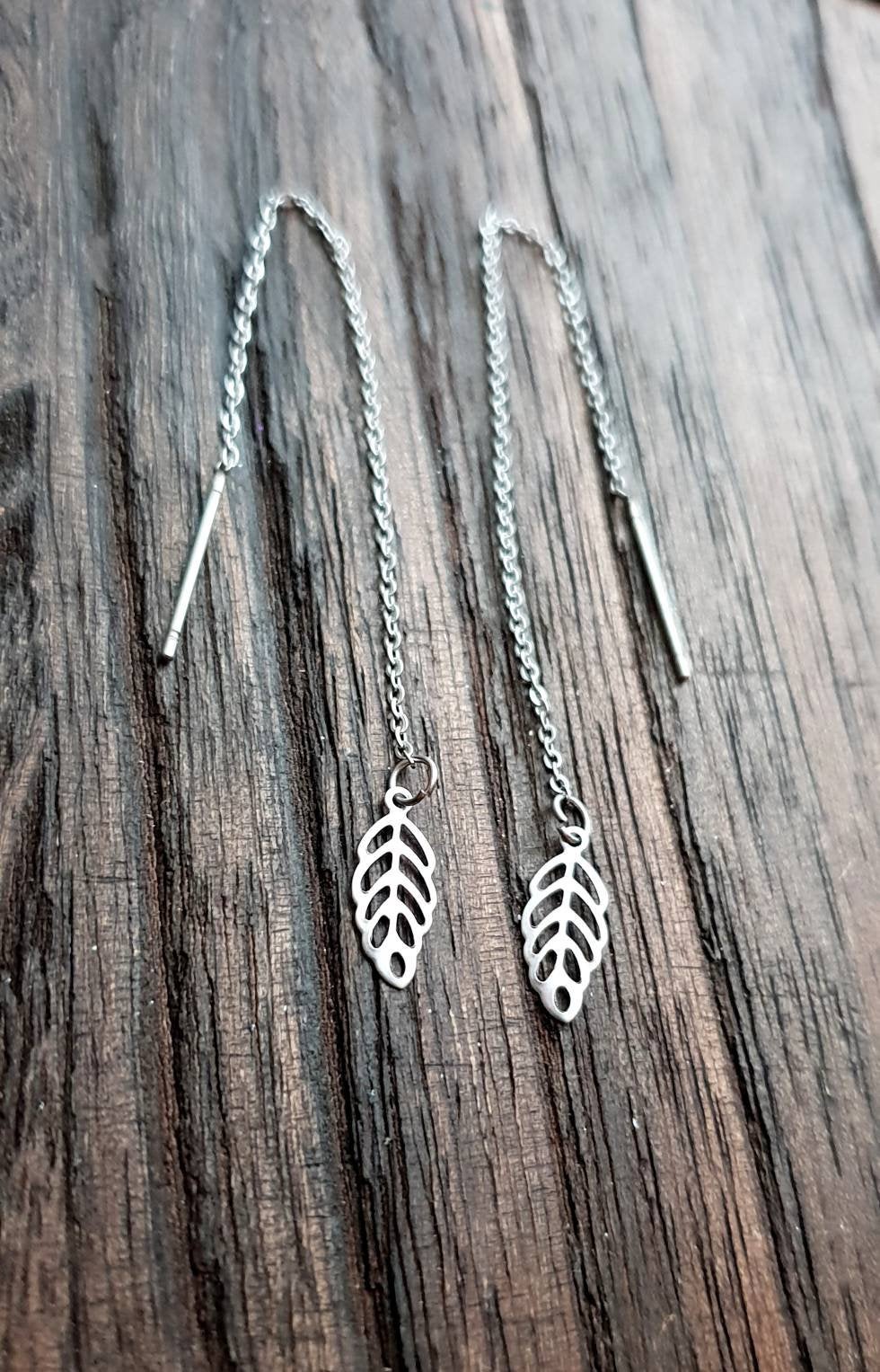 Tiny Leaf Stainless Steel Dangle Thread Earrings, Threader, Hook, Leverback Earrings.