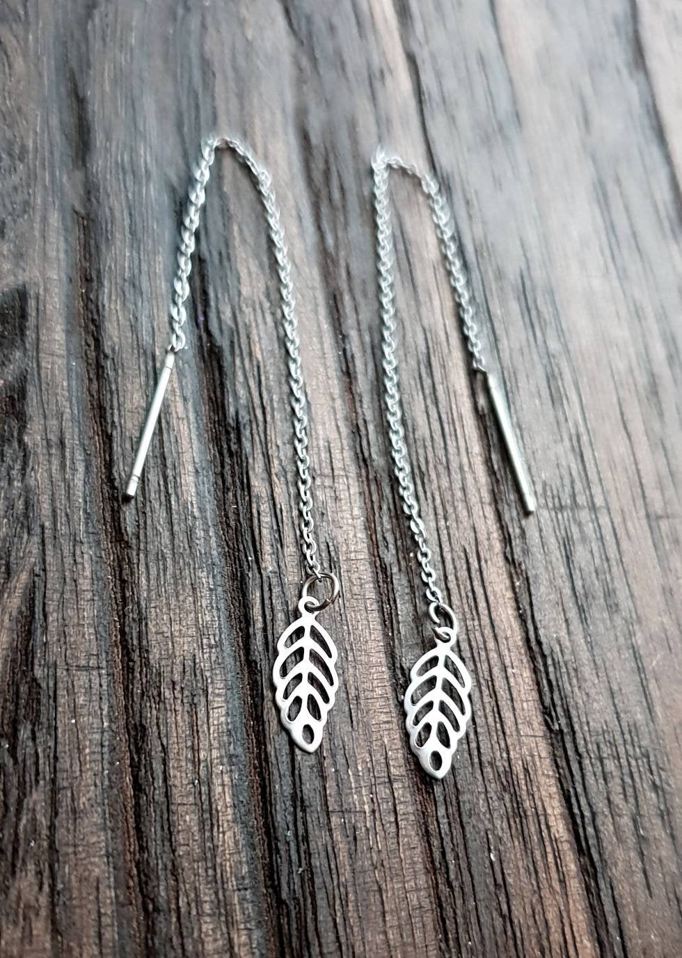 Tiny Leaf Stainless Steel Dangle Thread Earrings, Threader, Hook, Leverback Earrings.