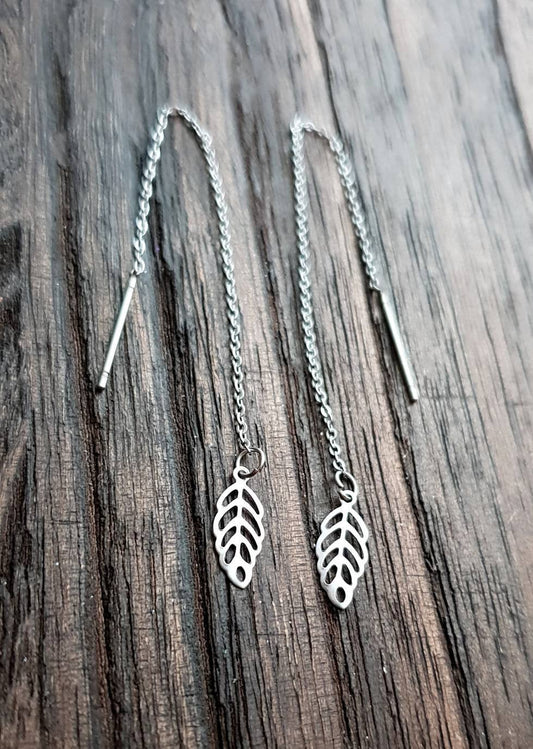 Tiny Leaf Stainless Steel Dangle Thread Earrings, Threader, Hook, Leverback Earrings.