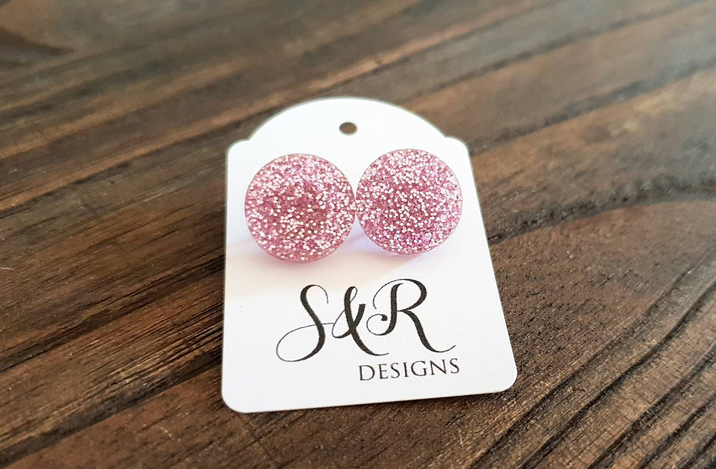 Pink Glitter Circle Stud Earrings, Acrylic Earrings, Stainless Steel Earrings.