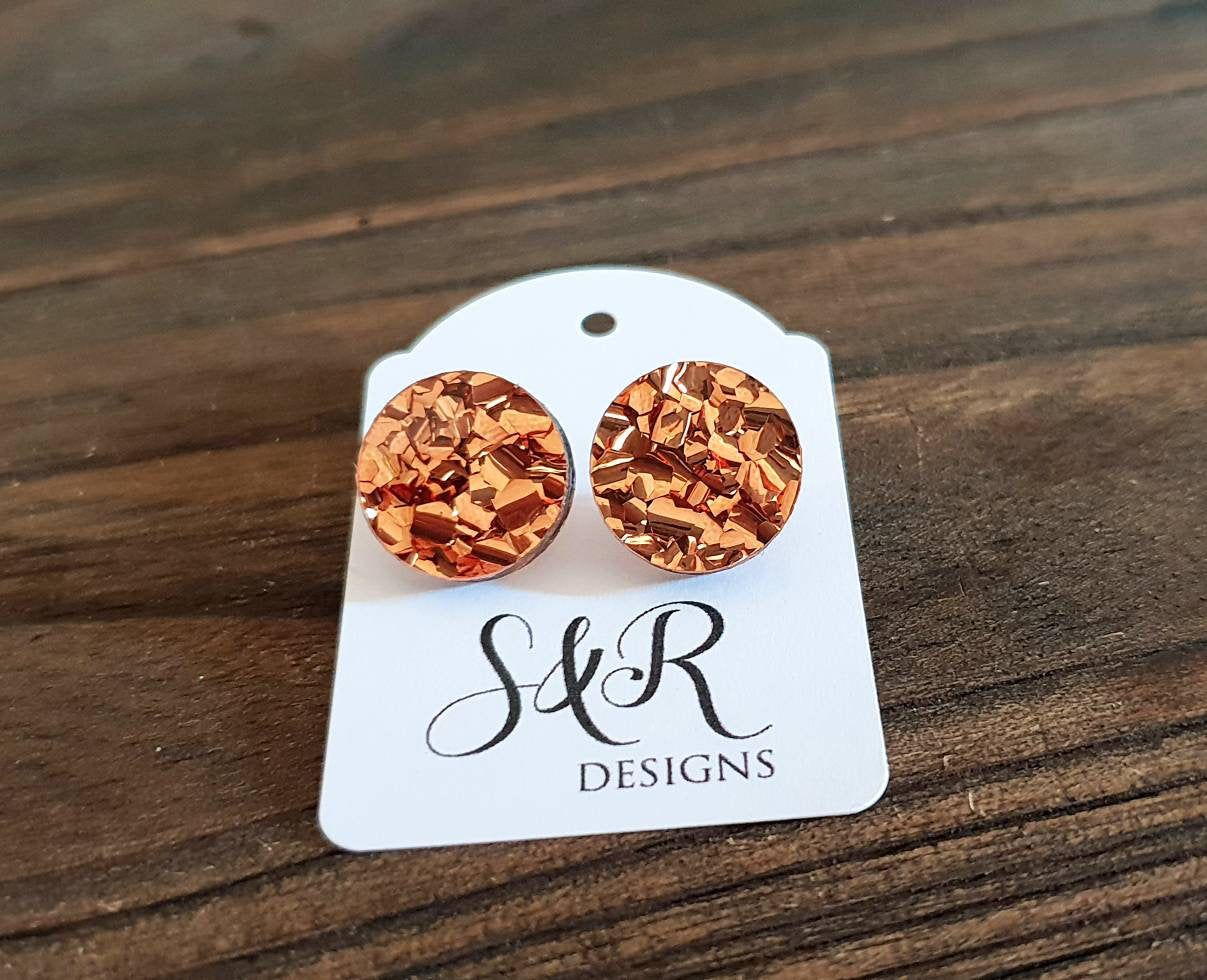 Copper Chunky Glitter Circle Stud Earrings, Acrylic Earrings, Stainless Steel Earrings.