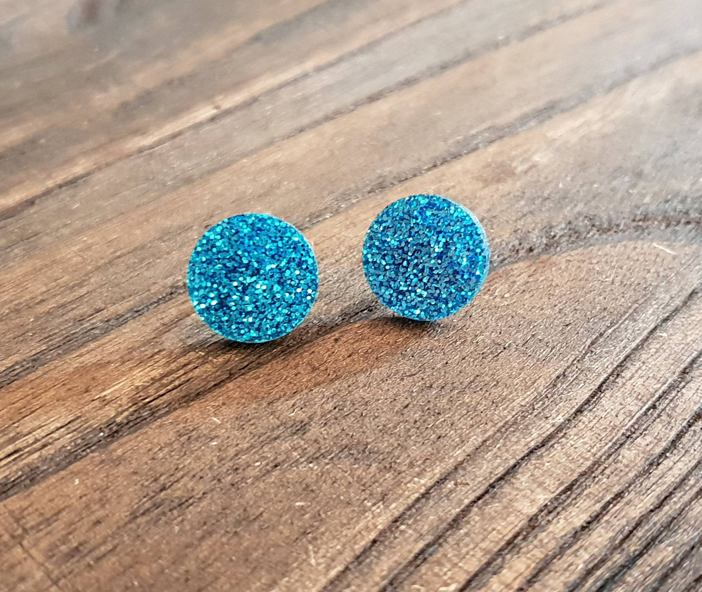 Aqua Blue Fine Glitter Circle Stud Earrings, Acrylic Earrings, Stainless Steel Earrings.