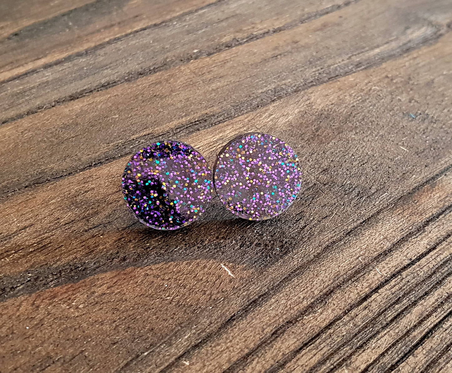 Purple Galaxy Glitter Circle Stud Earrings, Acrylic Earrings, Stainless Steel Earrings.