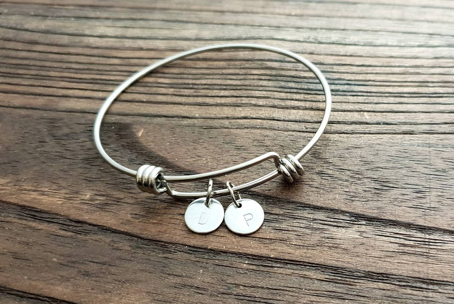 Personalised Initial Hand Stamped Charm Adjustable Bangle Stainless Steel