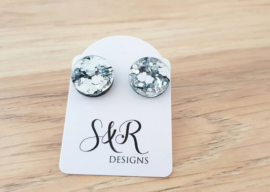 Silver Chunky Glitter Circle Stud Earrings, Acrylic Earrings, Stainless Steel Earrings.