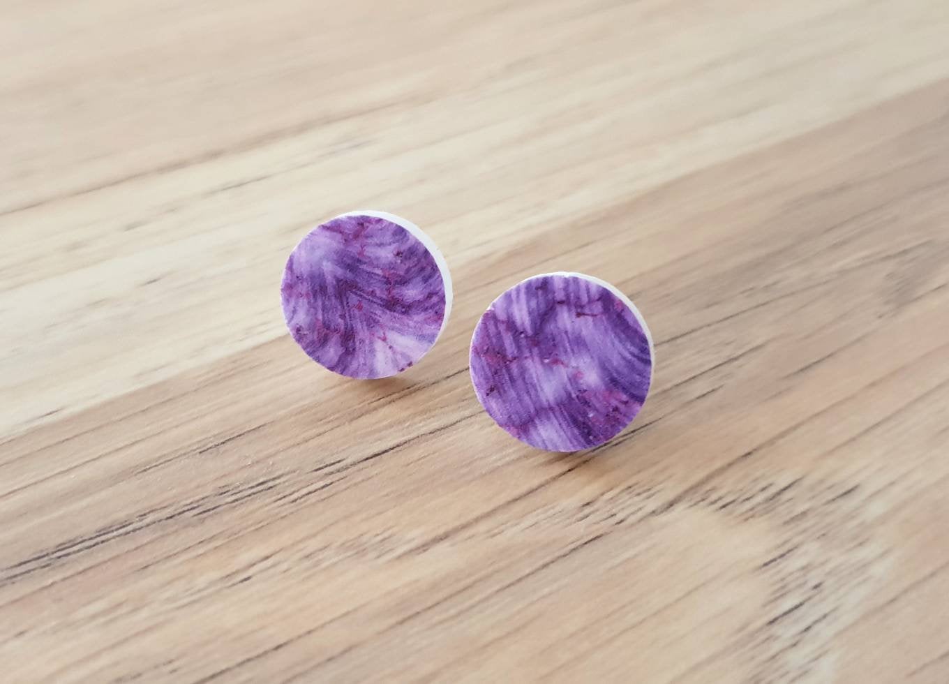 White Purple Circle Stud Earrings, Acrylic Earrings, Stainless Steel Earrings.