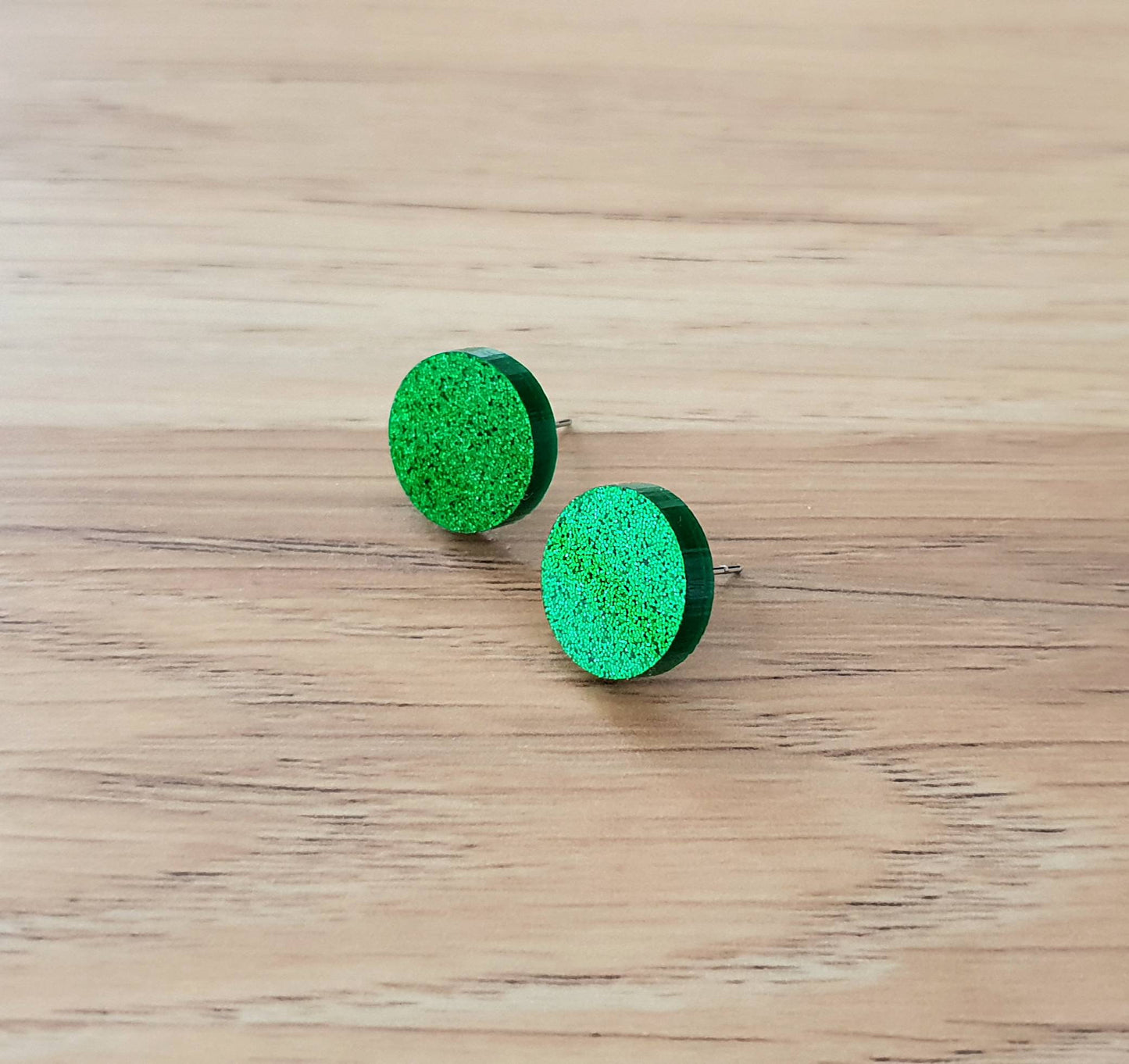 Grass Green Glitter Stud Earrings, Acrylic Earrings, Stainless Steel Earrings.
