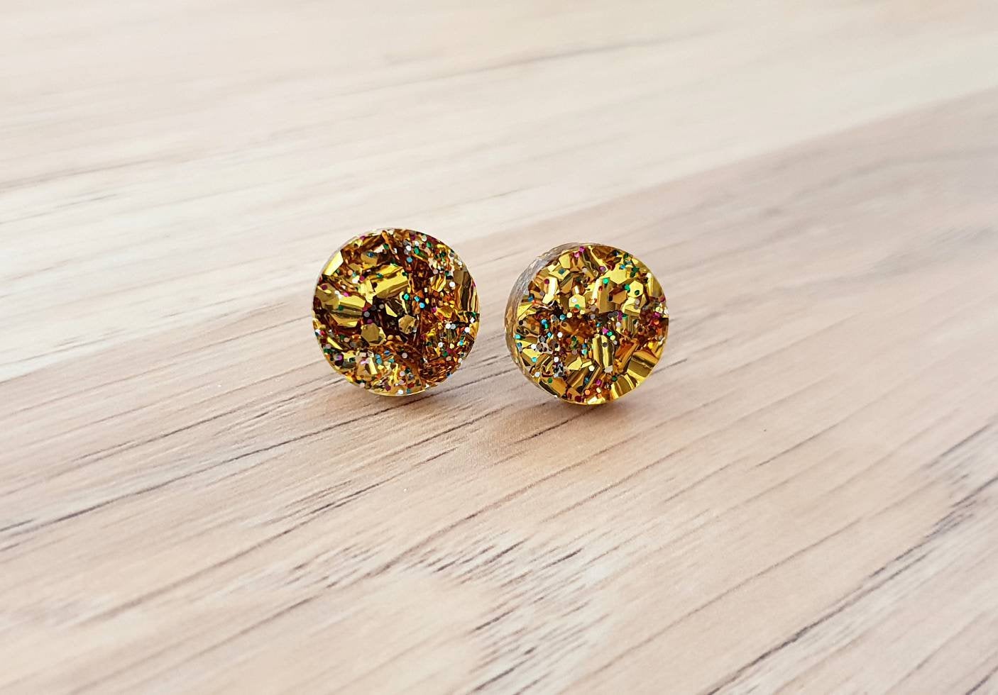 Gold Rainbow Chunky Glitter Circle Stud Earrings, Acrylic Earrings, Stainless Steel Earrings.