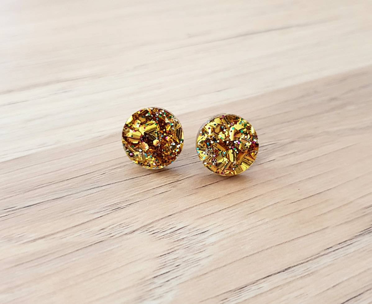 Gold Rainbow Chunky Glitter Circle Stud Earrings, Acrylic Earrings, Stainless Steel Earrings.