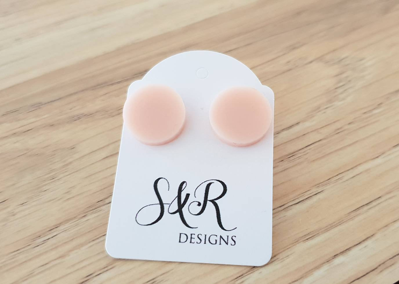 Pale Pink Circle Stud Earrings, Acrylic Earrings, Stainless Steel Earrings.