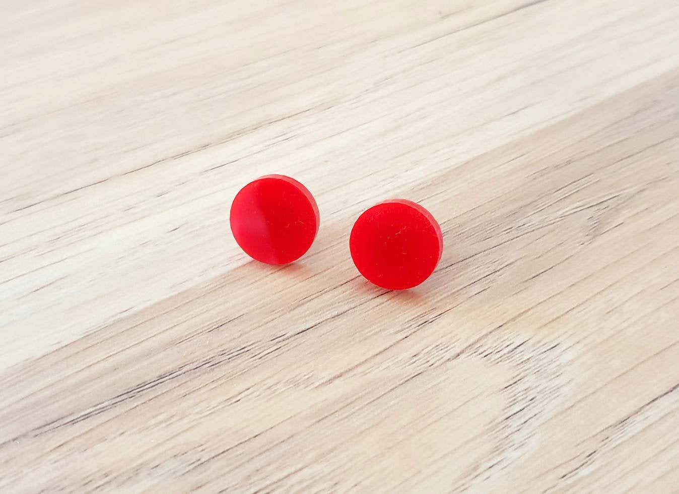 Red Circle Stud Earrings, Acrylic Earrings, Stainless Steel Earrings.