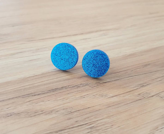 Blue Glitter Circle Stud Earrings, Acrylic Earrings, Stainless Steel Earrings.