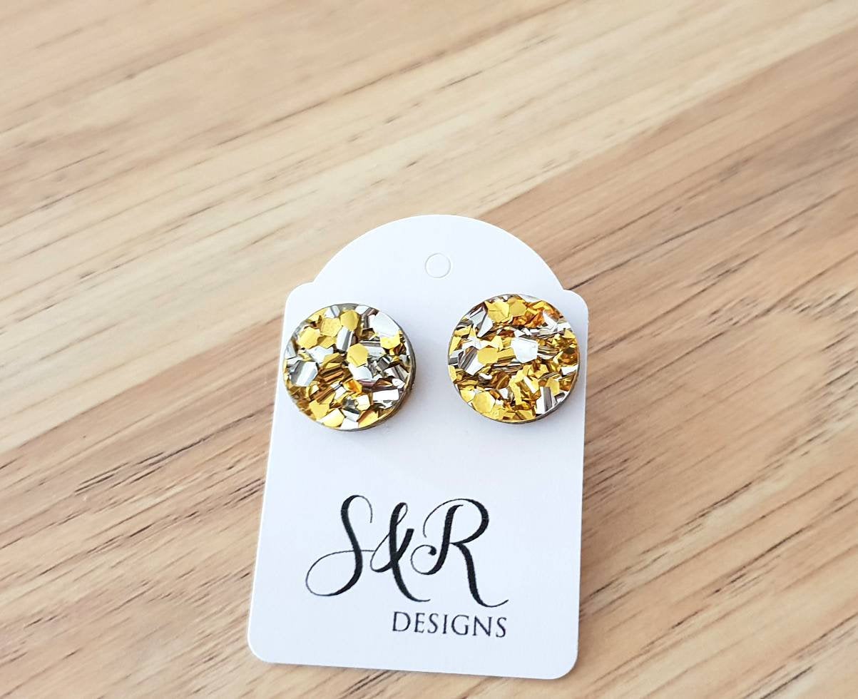 Gold Silver Chunky Glitter Circle Stud Earrings, Acrylic Earrings, Stainless Steel Earrings.
