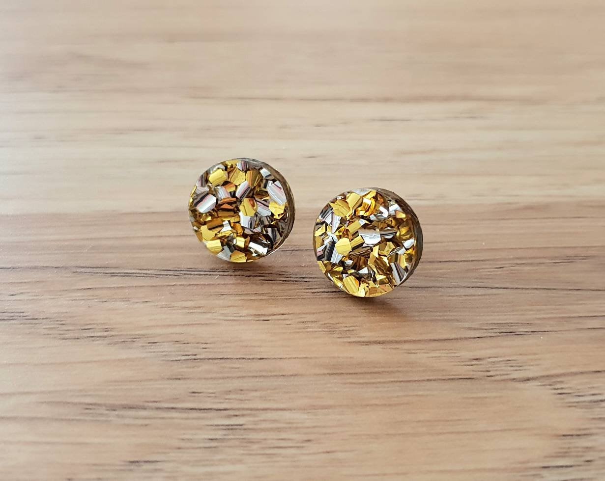 Gold Silver Chunky Glitter Circle Stud Earrings, Acrylic Earrings, Stainless Steel Earrings.
