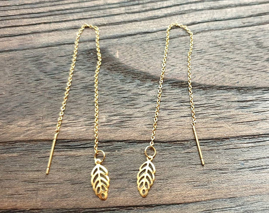 Tiny Leaf Gold Stainless Steel Dangle Thread Earrings, Threader, Hook, Leverback Earrings.
