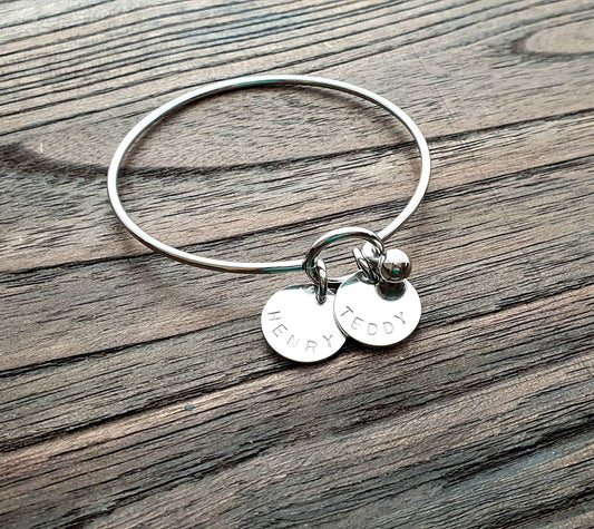 Personalised Hand Stamped Silver Bangle with Two Personalised Discs