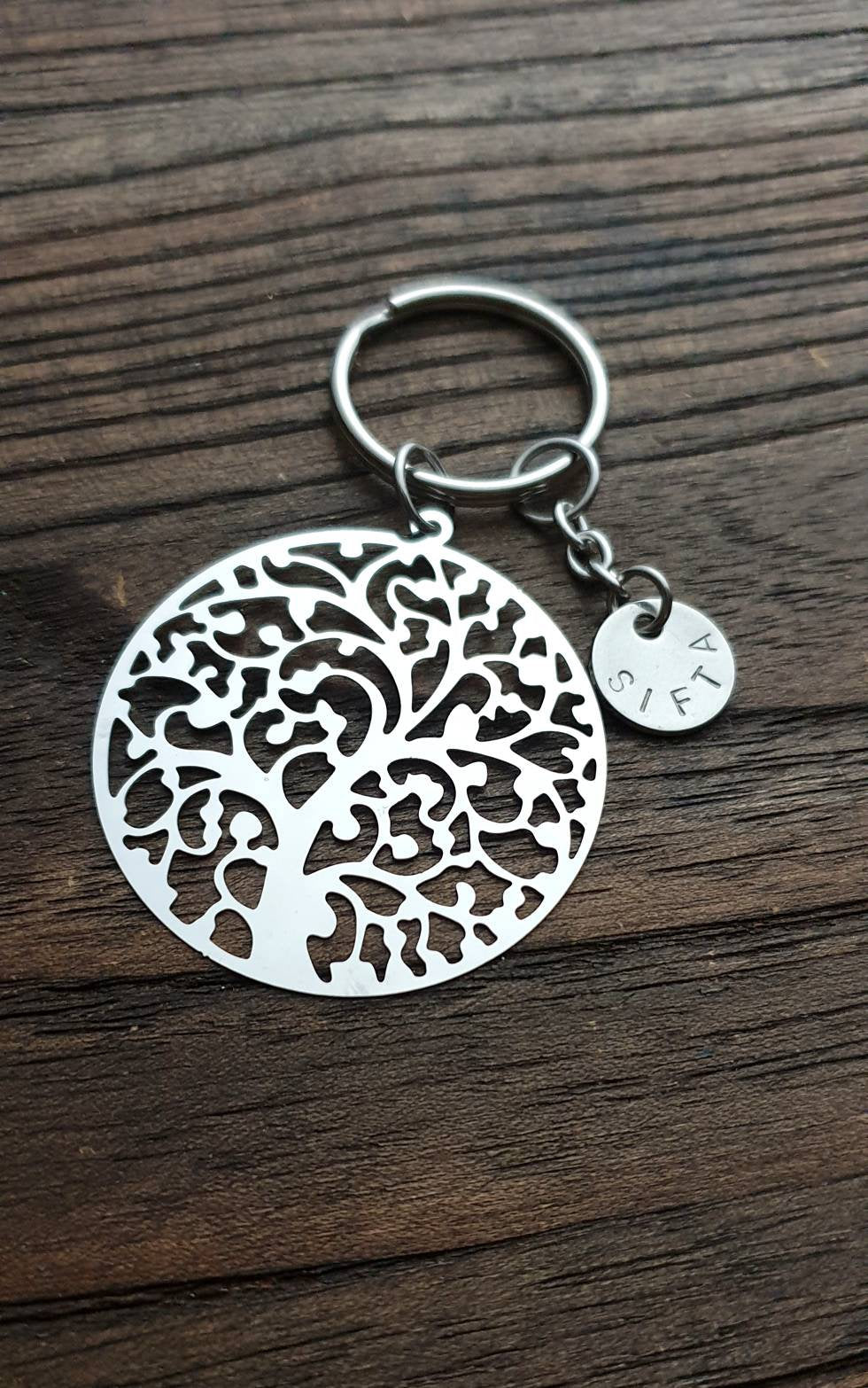 Tree of Life Filigree Personalised Hand Stamped Key Ring Stainless Steel