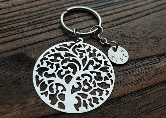 Tree of Life Filigree Personalised Hand Stamped Key Ring Stainless Steel