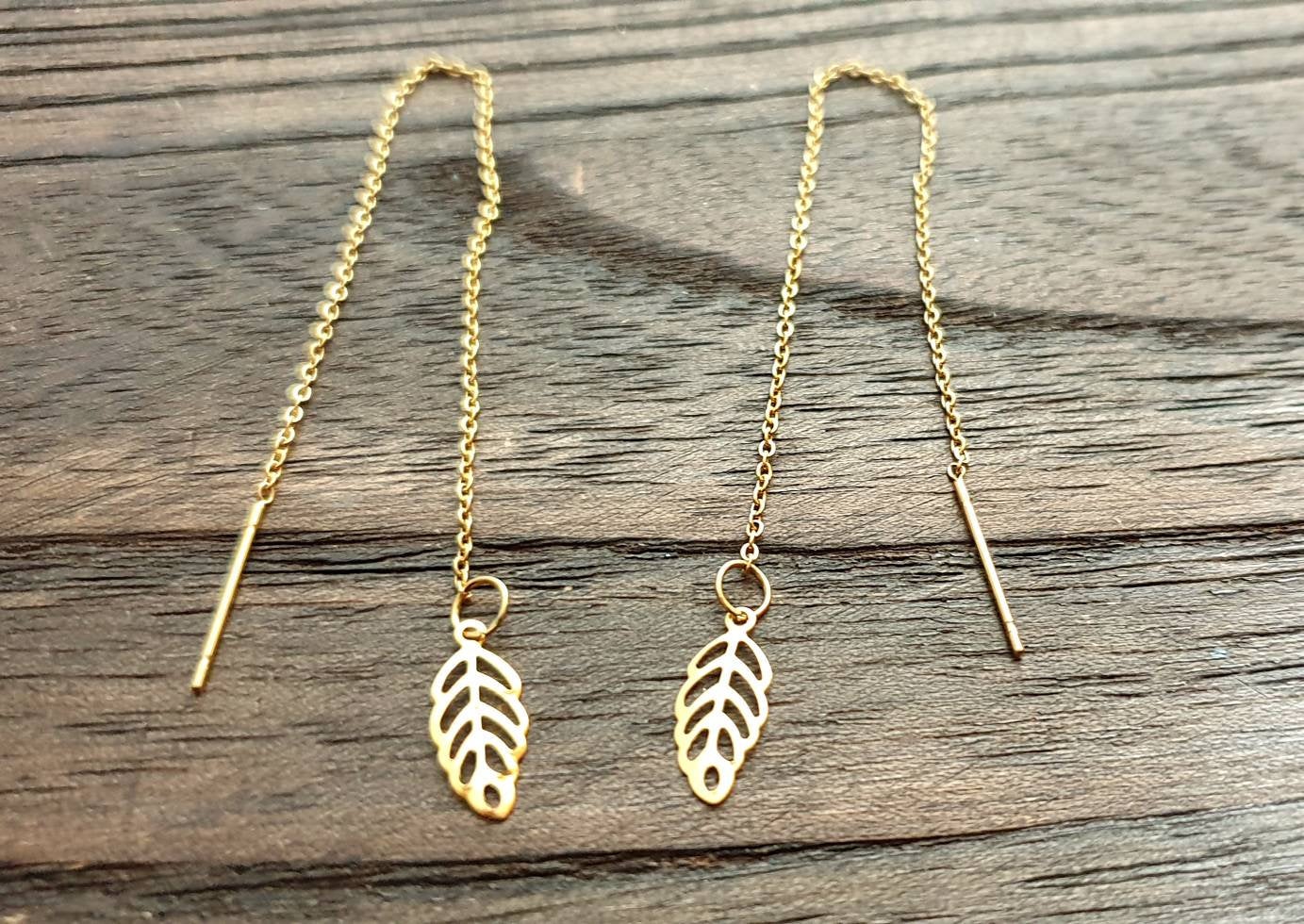 Tiny Leaf Gold Stainless Steel Dangle Thread Earrings, Threader, Hook, Leverback Earrings.