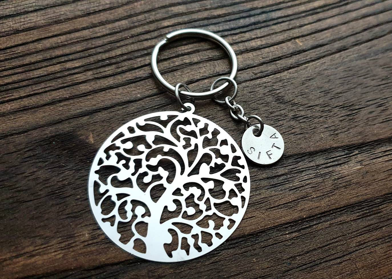 Tree of Life Filigree Personalised Hand Stamped Key Ring Stainless Steel