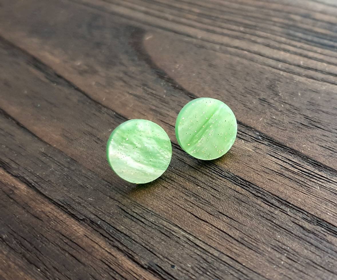 Green Glitter Swirl Marble Circle Stud Earrings, Acrylic Earrings, Stainless Steel Earrings.