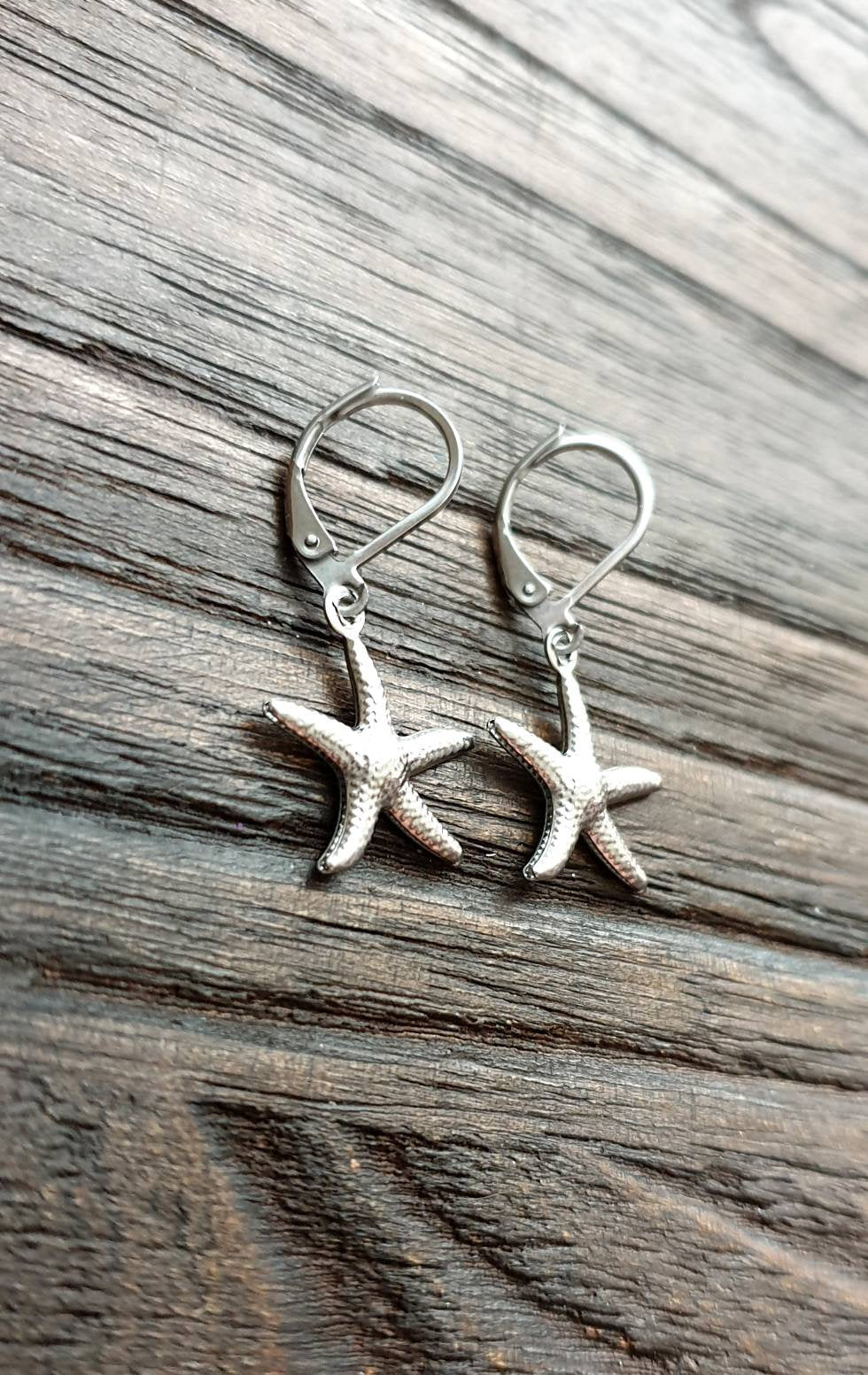 Starfish Leverback Earrings, Stainless Steel Dangle Leverback or Hook Earrings.