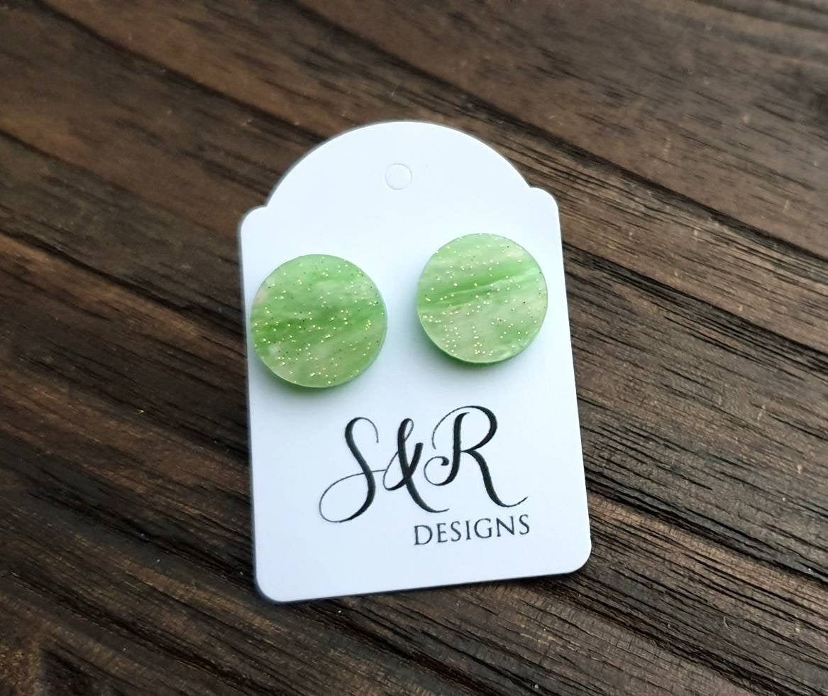 Green Glitter Swirl Marble Circle Stud Earrings, Acrylic Earrings, Stainless Steel Earrings.