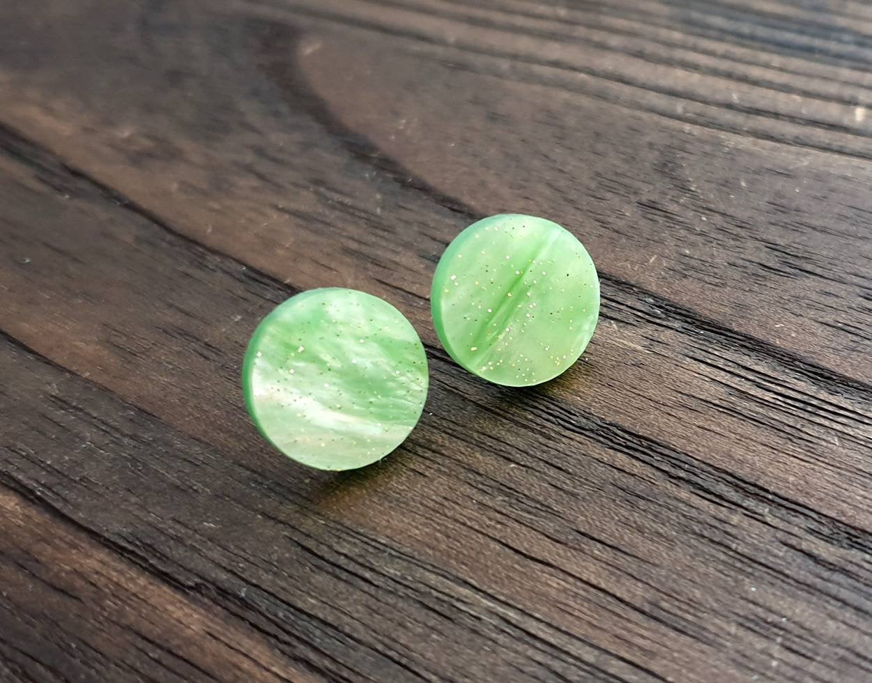 Green Glitter Swirl Marble Circle Stud Earrings, Acrylic Earrings, Stainless Steel Earrings.