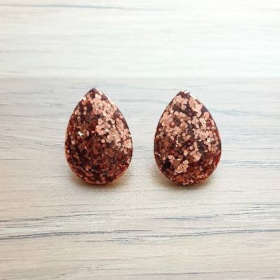 Teardrops Rose Gold Glitter Stud Earrings, Silver Chunky Glitter Stainless Steel Earrings.