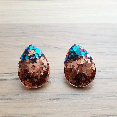 Teardrops Rose Gold Mix Glitter Stud Earrings, Silver Chunky Glitter Stainless Steel Earrings.