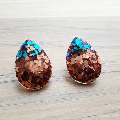 Teardrops Rose Gold Mix Glitter Stud Earrings, Silver Chunky Glitter Stainless Steel Earrings.