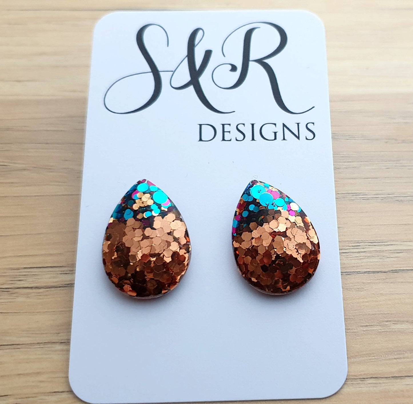 Teardrops Rose Gold Mix Glitter Stud Earrings, Silver Chunky Glitter Stainless Steel Earrings.