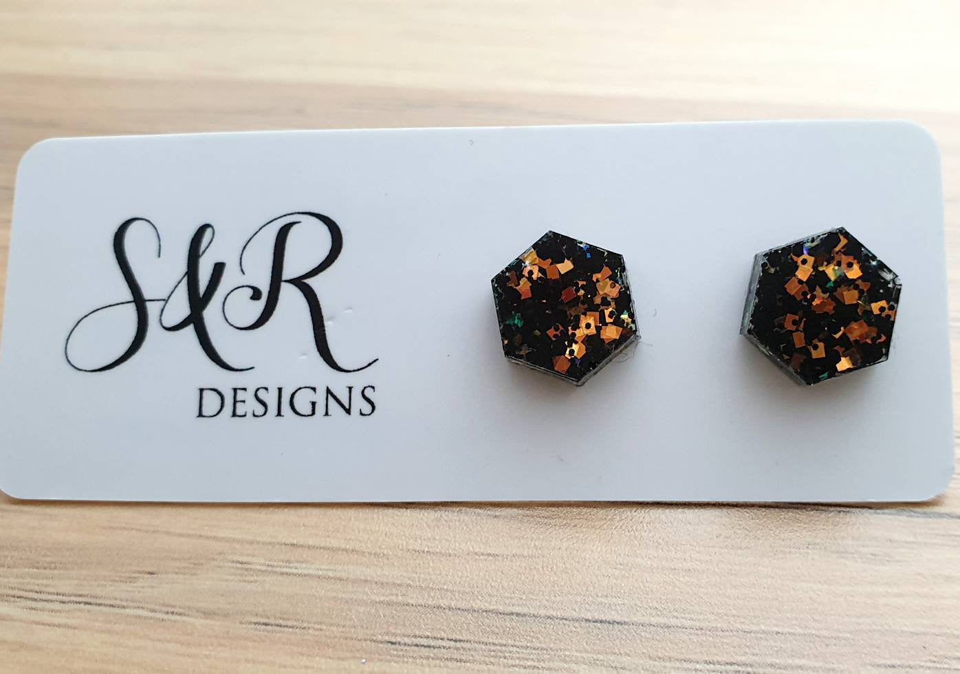 Hexagon Resin Stud Earrings, Rose Gold Black Glitter Earrings. Stainless Steel Stud Earrings. 10mm