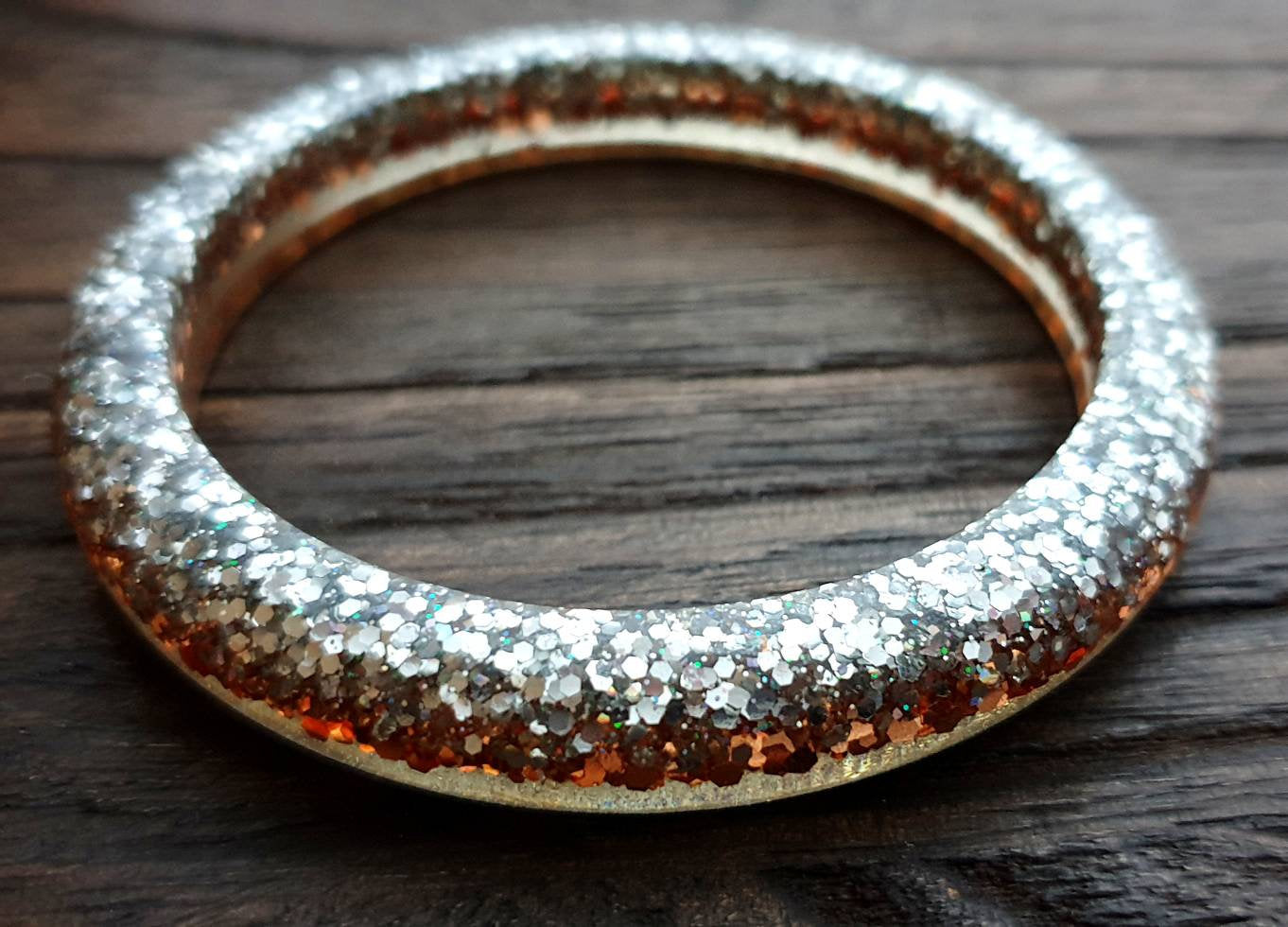 Silver Rose Gold Glitter Resin Bangle, Sparkly Glitter Resin Bangle Handmade 60mm inner diameter