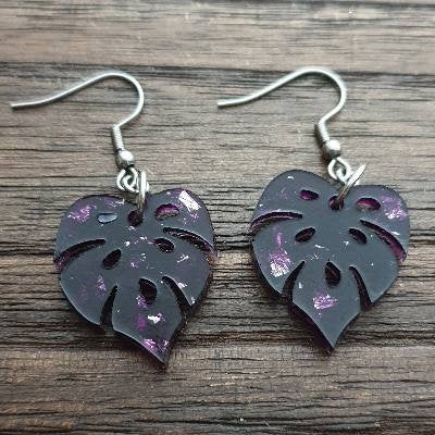 Monstera Leaf Resin Earrings, Purple Silver Leaf Earrings, Stainless Steel Earrings, Silver Leaf Earrings