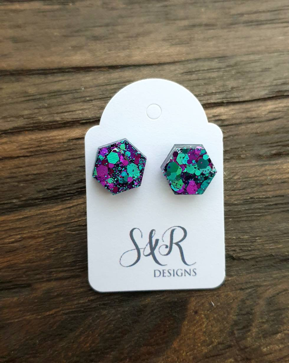 Hexagon Stud Earring, Resin Teal Purple Mix Earrings. Stainless Steel Stud Earrings. 10mm