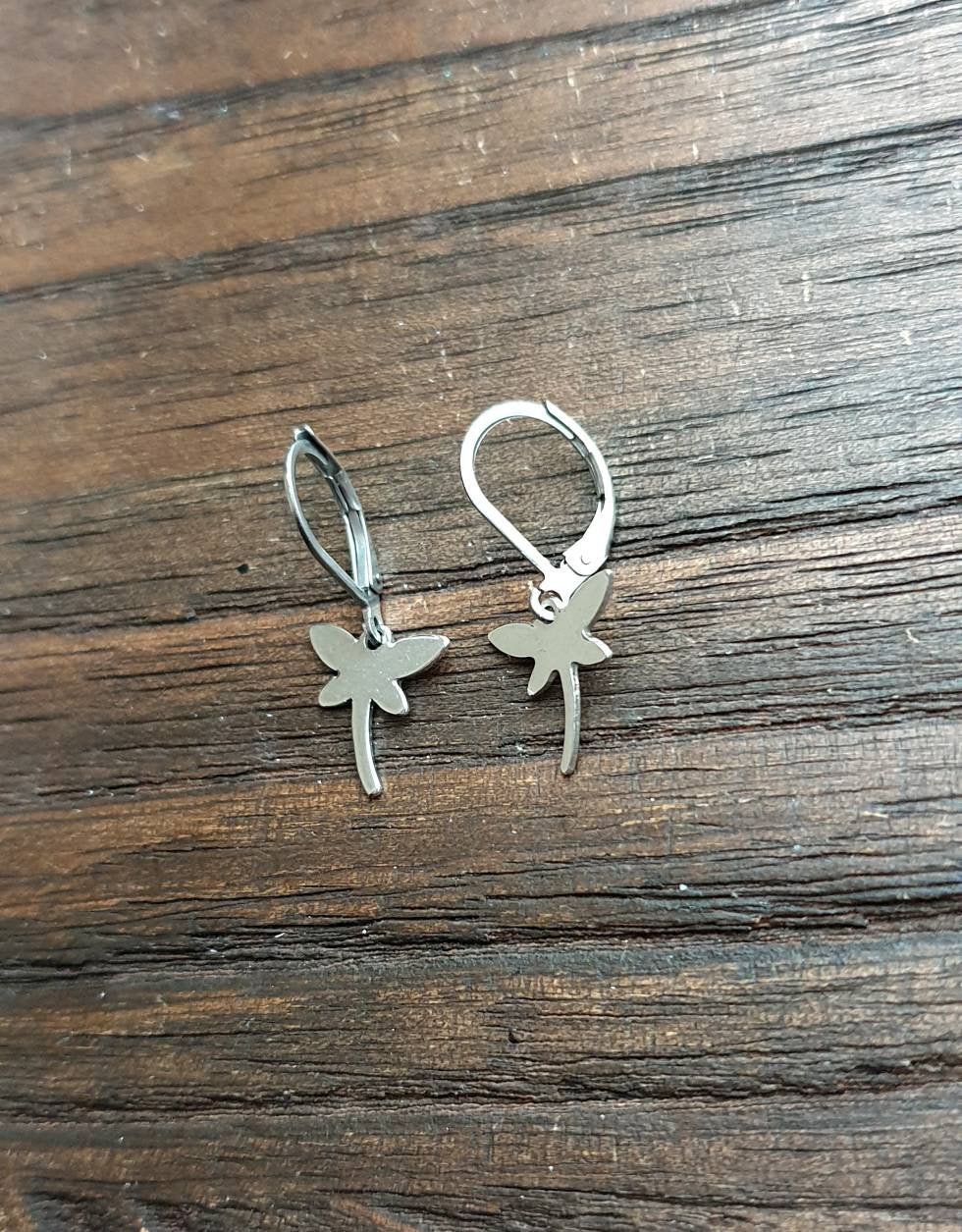 Tiny Dragonfly Leverback Earrings, Stainless Steel Dangle Leverback or Hook Earrings.