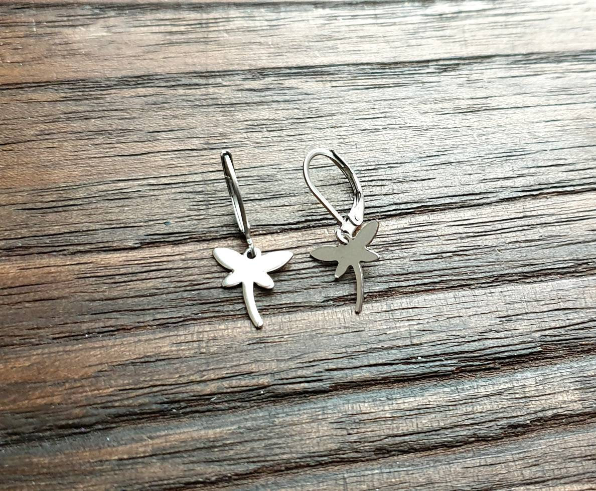Tiny Dragonfly Leverback Earrings, Stainless Steel Dangle Leverback or Hook Earrings.