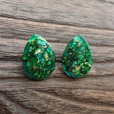 Teardrops Stud Earrings, Emerald Green Gold Silver Leaf Stainless Steel Earrings.