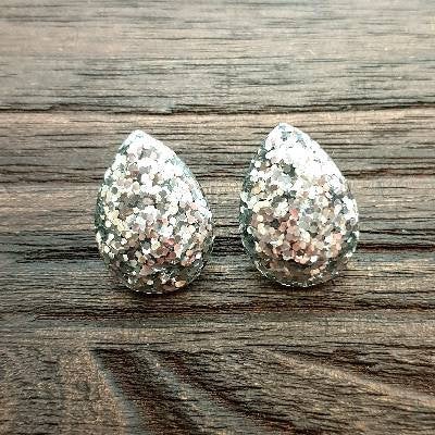 Teardrops Glitter Stud Earrings, Silver Chunky Glitter Stainless Steel Earrings.