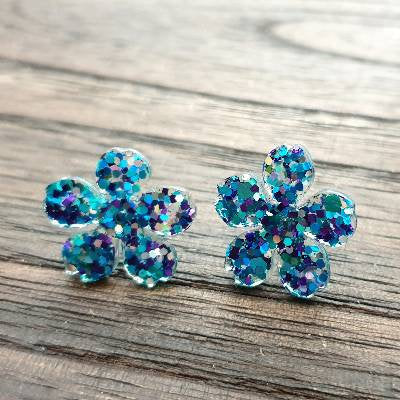 Flower Resin Earrings, Glitter Earrings, Mermaid Holographic Sparkly Stud Earrings