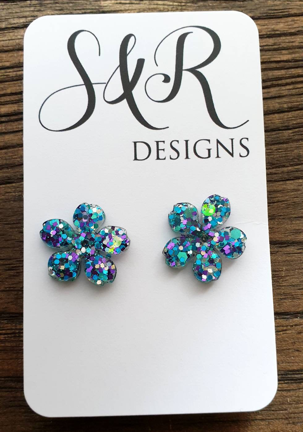 Flower Resin Earrings, Glitter Earrings, Mermaid Holographic Sparkly Stud Earrings