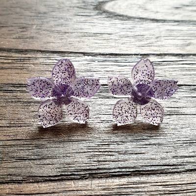 Flower Resin Earrings, Purple Glitter Earrings